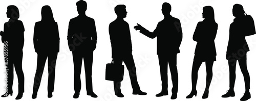 Collection of business professionals in silhouette interacting on a white background people group