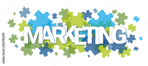 MARKETING typography vector banner with multicolored jigsaw puzzle background