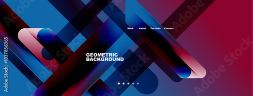 Abstract geometric design. Blue, pink hues overlap creating dynamic visual effect. Minimalist text elements present portfolio information.