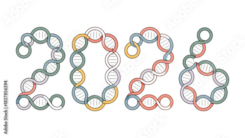2026: A modern, vibrant graphic design that presents the year 2026 constructed of DNA strands, blending the concepts of time, genetics, and the future.