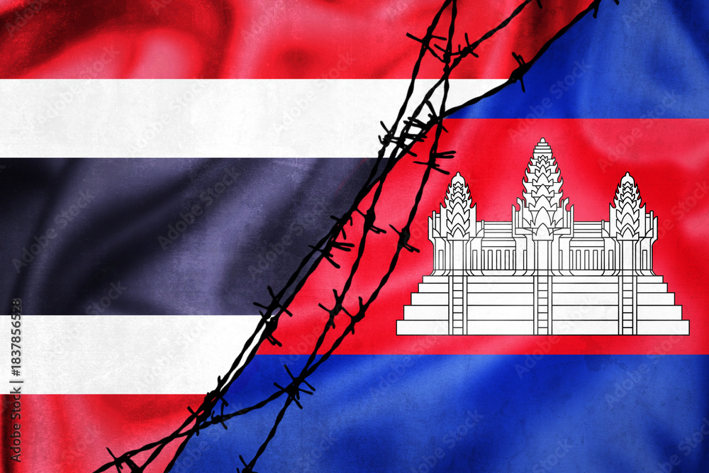 Obraz premium Grunge flags of Thailand and Cambodia divided by barb wire illustration