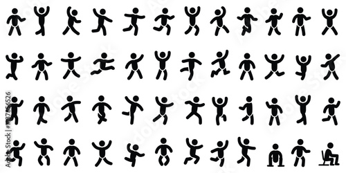 Diverse collection of black human pictogram icons showing various active poses and movements Keywords: people, human, figure