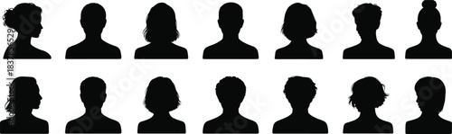 Diverse Collection of Black Silhouette Head Profiles of Men and Women woman