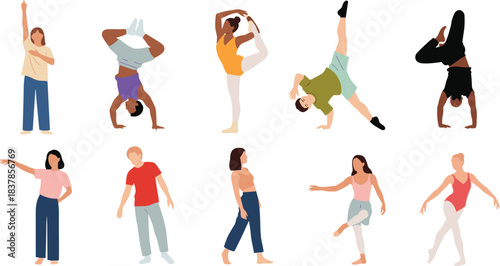 Diverse Group of People Engaged in Various Dance and Athletic Poses