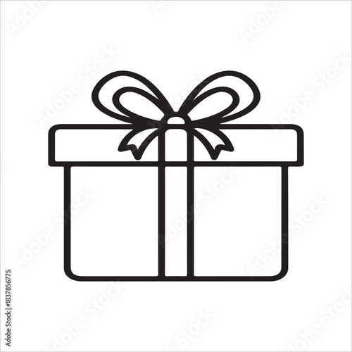 Simple black and white line art icon of a gift box with a bow, perfect for celebration or present concept