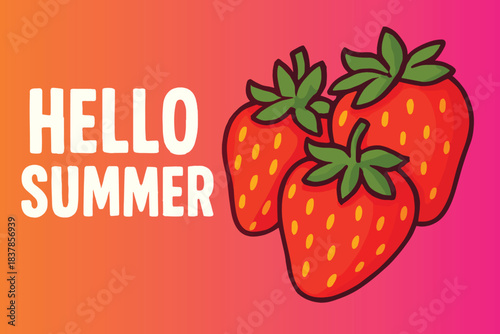 Bright summer background with three ripe strawberries outlined in black on an orange‑pink gradient. Bold white “Hello Summer” text adds playful energy, perfect for banners, ads, and social media.