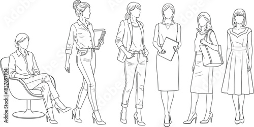 Collection of diverse female line art illustrations showcasing stylish women in various professional and casual attire, perfect for modern graphic design and lifestyle projects