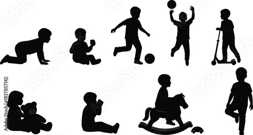 Silhouette vector illustration of children playing, crawling, sitting, running, riding toys, and engaging in various fun childhood activities for creative designs