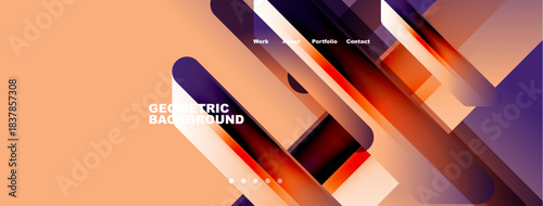 Abstract geometric background. Orange, purple hues dominate design. Navigation menu present work, about, portfolio, contact. Modern aesthetic.