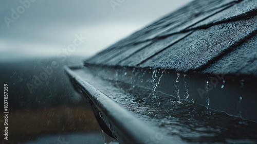 Rainy Day Roof Gutter Overflowing in a Downpour Moody Background.