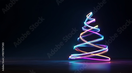Glowing Festive Neon Light Painting Christmas Tree on dark background.
