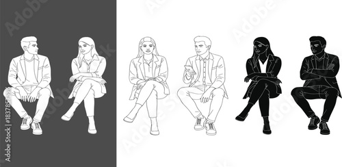 Elegant Silhouettes: A sophisticated set of sketched figures, rendered in a striking array of tones from subtle lines to bold in silhouette. showcasing poise and detail.