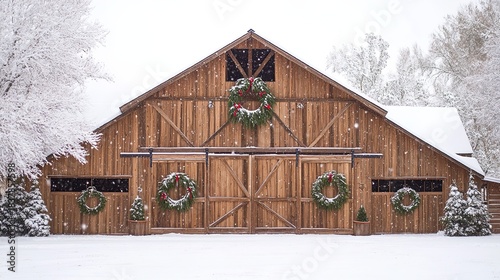 A rustic barn with wreaths hanging on the doors and a snow-covered roof. .