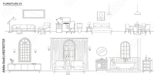 Furniture Layout: Meticulous line drawing showcases a curated selection of home furniture, meticulously arranged to portray the art of interior design 