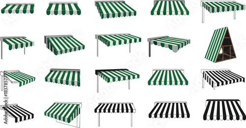 Array of Awnings: A curated display showcases the structural diversity of awnings with a striking aesthetic appeal, perfect for shading various spaces.