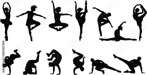 Dynamic silhouettes of dance and movement: A collection of various dance poses and athletic stances presented as dynamic black silhouettes against a clear background, perfect for a concept of balance.