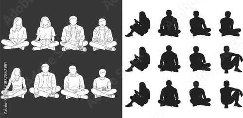 Serene Silhouettes: A collection of various silhouette portraits, featuring people sitting calmly, reflecting on moments of stillness and introspection.