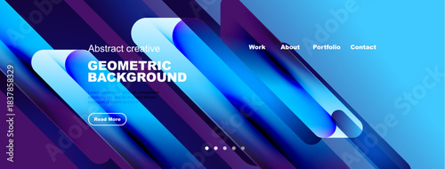 Vibrant geometric background design. Blue, purple hues create modern website header or banner. Text elements present.