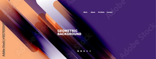 Abstract geometric background. Orange, purple hues blend. Navigation menu present work, about, portfolio, contact. Modern design elements visible.