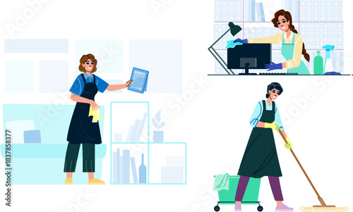Professional cleaning women performing various service tasks