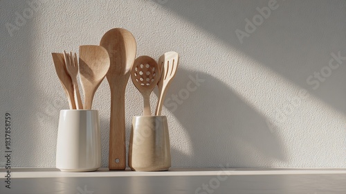 Wooden kitchen utensils in bright light on white shelf and wall.