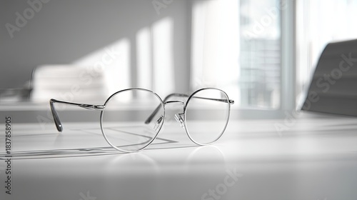 Lost in Thought Silver Glasses on a Bright Office Desk.