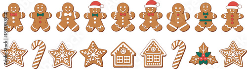 Festive Christmas Gingerbread Cookies Assortment With Candy Canes And Holly Sprigs gingerbread man gingerbread woman