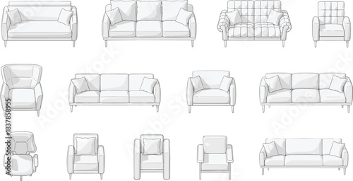 Stylish Sofa Designs Collection, Furniture Showcase, Modern Living Room, Illustration, Minimalist Style, Front View, Home Decor Ideas