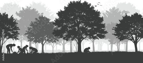 Community Action, Tree Planting, Urban Park, Illustration, Natural Environment, Side View, Environmental Awareness