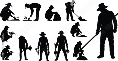 Farmers Cultivating Plants in Nature Illustrations, Outdoor Environment, Silhouetted Viewpoint