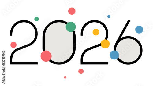 2026 Typography Design: An artistic representation of the year 2026, composed in a clean, contemporary typeface, with accompanying vibrant, multicolored dots that add a modern, dynamic touch. 