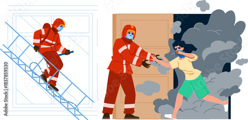 Firefighter helping victim during house fire evacuation mission