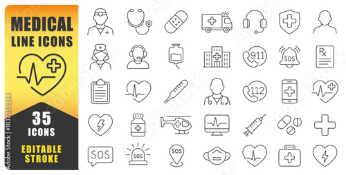 Medical Line Icon Set Featuring Clean, Modern, And Editable Stroke Designs For Healthcare, Emergency Services, And Hospital Use. Perfect For Digital Platforms, Infographics. Isolated Vector Icons