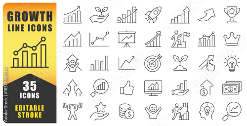 Growth Line Icon Set Features 35 Clean, Modern Symbols Designed To Illustrate Progress, Success, And Development Across Business, Finance, And Strategy Projects With A Professional Minimal Style. 