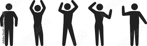 Five Black Humanoid Silhouettes with Arms Raised on a White Background active illustration