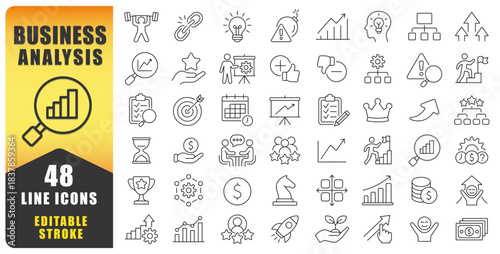 Business Analysis Editable Stroke Line Icon Set. Strengths, Weaknesses, Opportunities, and Threats. Business Presentations, Planning, Strategy, Infographics Icons Collection. Isolated Vector Icons.