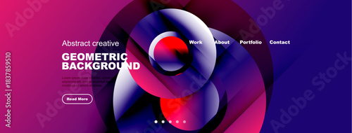 Abstract geometric background design. Vibrant colors, fluid shapes, website header mockup with navigation elements. Modern aesthetic.