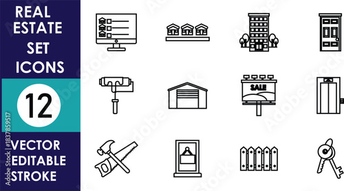 Clean line-style real estate icon set featuring buildings, tools, signs, keys, and property elements, presented in a minimal vector layout with editable stroke design