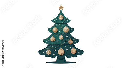 Festive Evergreeen Celebration: A beautifully illustrated Christmas tree adorned with gold ornaments and a star, capturing the essence of the holiday spirit. 