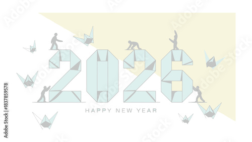 Embracing the future 2026: A minimalist and elegant illustration showing figures building the year 2026, surrounded by origami birds, symbolizing hope, progress and the advent of the new year.