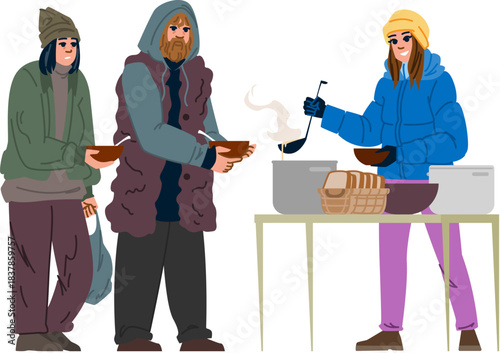 Volunteer giving warm meal to homeless people