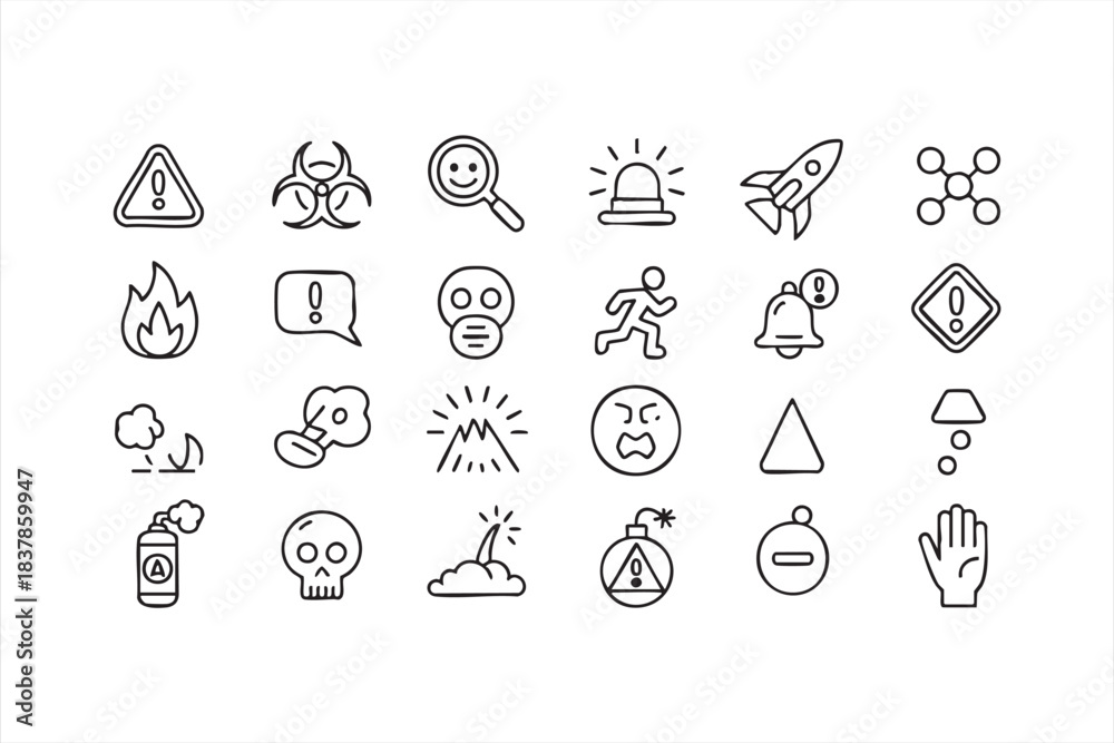 Fototapeta premium Line-art hazard and safety icon set for warning signage and dashboards