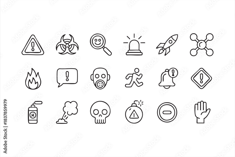 Fototapeta premium Minimal safety icons showing fire, toxic risk, alerts, and emergency actions
