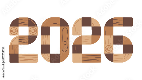 Wooden 2026: A visual representation of the year 2026 crafted from various wood blocks, showcasing a combination of textures, shades, and patterns.
