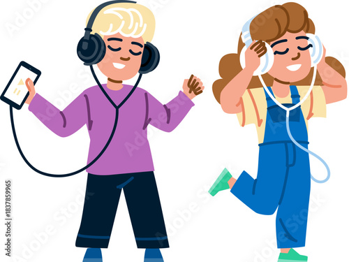 Happy kids listening to music on headphones enjoying audio