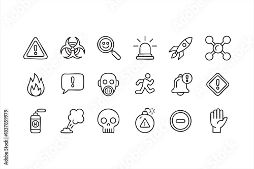 Minimal safety icons showing fire, toxic risk, alerts, and emergency actions