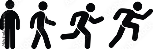 Four Black Stick Figure Icons Depicting Walking and Running Poses on White Background person human