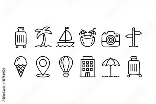Outline tourism graphics including luggage, palm, drink, and beach elements