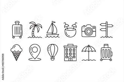 Modern line-art vacation symbols for resort branding and travel layouts
