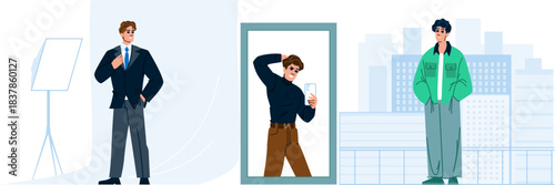 Man changing style and posing for images